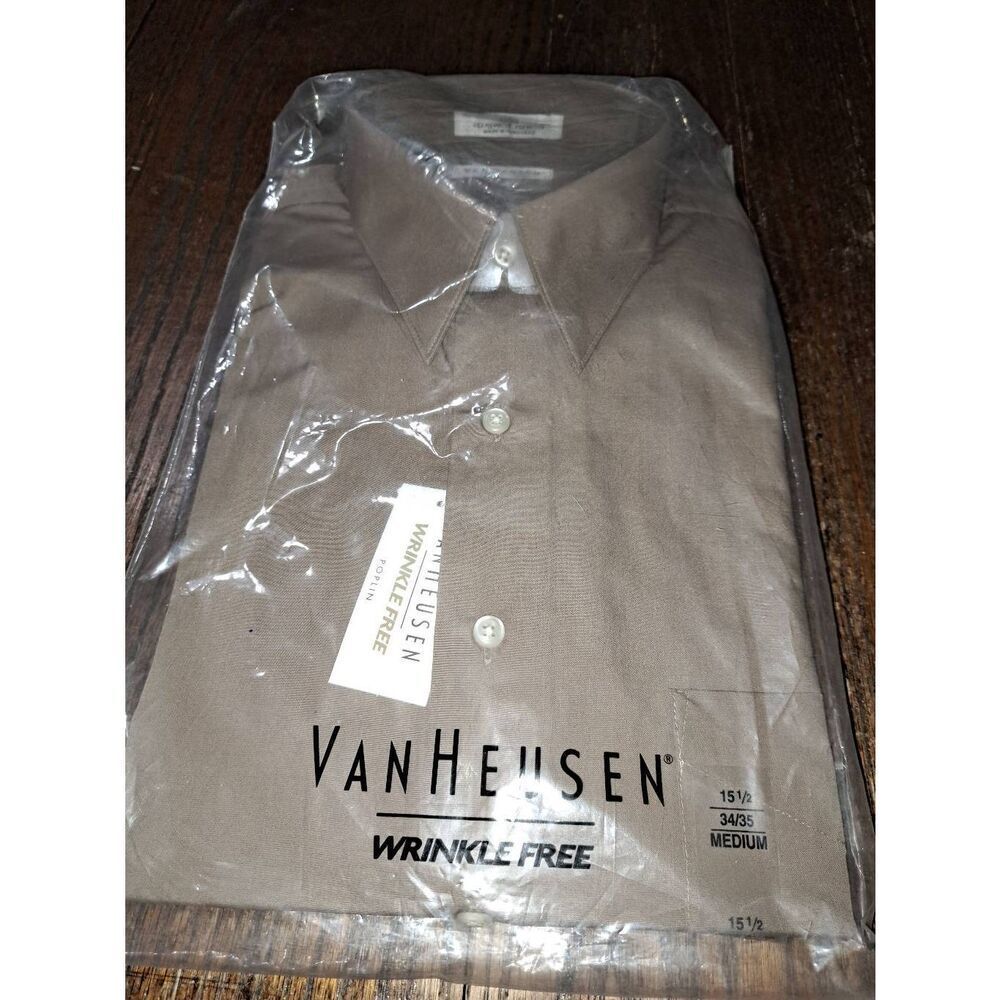 New 15.5 Medium Van Heusen Poplin Hazelnut Brown Long Sleeve Dress Shirt NWT